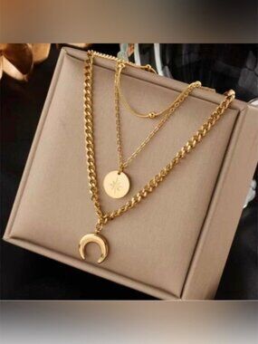 Gold Plated Stainless Steel Moon 1pc Multi Layered Necklace